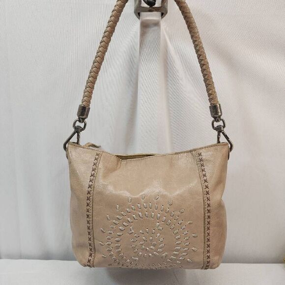 The SAK -Tan Leather Handbag Satchel Purse Woven Handle Outside zip Medium Boho - Picture 1 of 13